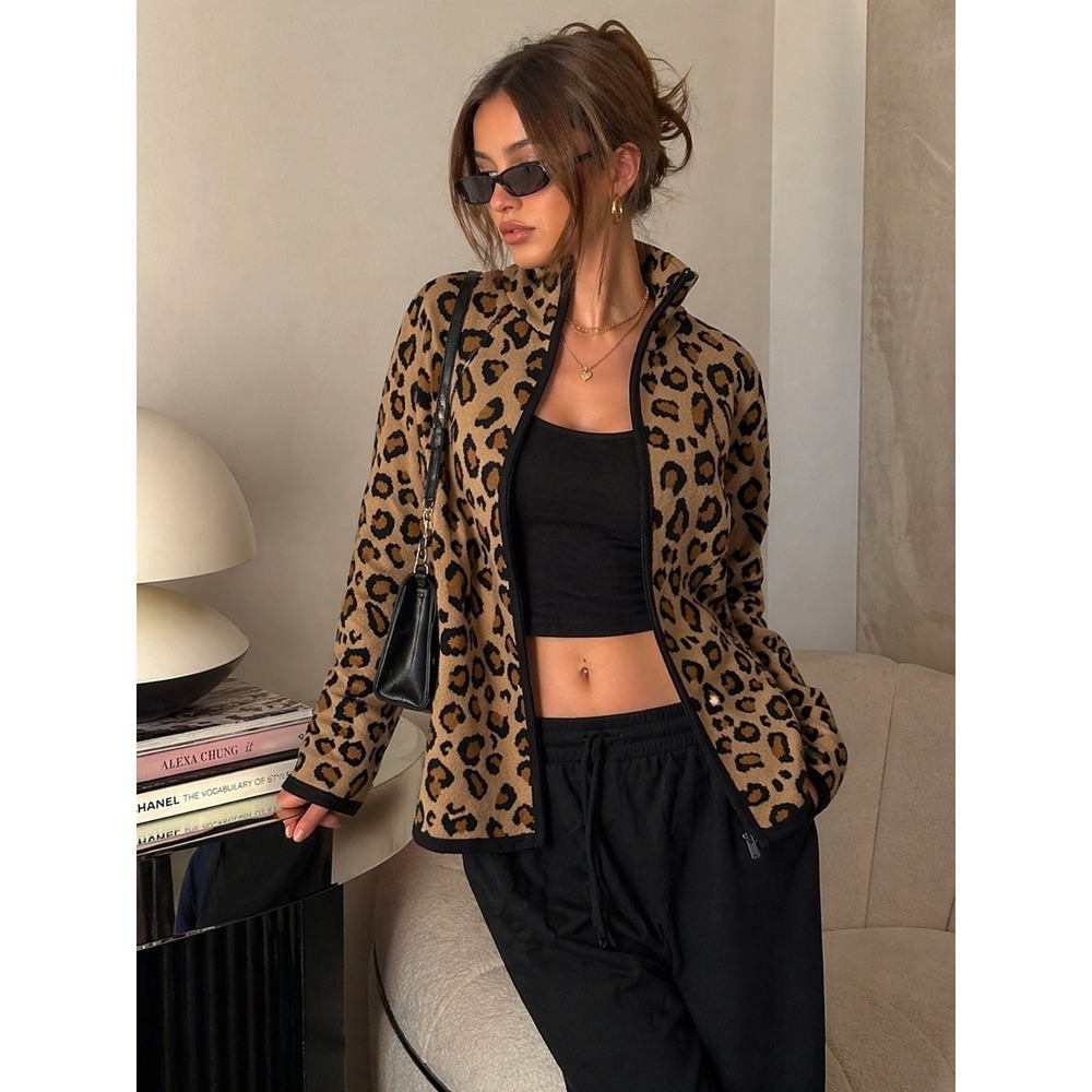 Y2K Leopard Print Zip Up Cardigan Womens 1X Streetwear Chic Animal‎ Jacket
